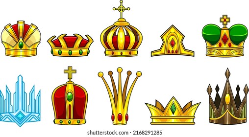Cartoon Different Golden Crown. Vector Hand Drawn Collection Set Isolated On White Background