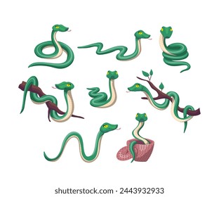 Cartoon Different Green Snake Set Serpent Concept Flat Design Style. Vector illustration of Funny Reptile Character