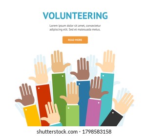 Caricatura Diferentes Manos Voluntariado Concepto Cartel Cartel de Diseño Plano Símbolo de Apoyo. Ilustración del vector