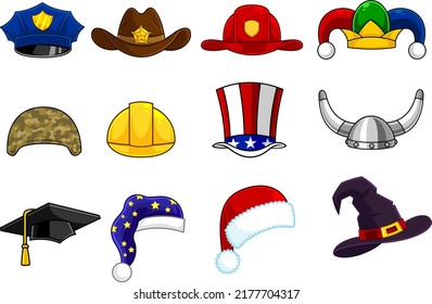 Cartoon Different Hat And Helmet. Vector Hand Drawn Collection Set Isolated On White Background