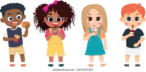 A cartoon different kids drink ice cream and snack happily