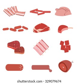 Cartoon Different kind of meats. Illustration of sausages with ham, pork, meatloaf, salami, bacon, chicken, steaks isolated on white background. Vector meat set. Color meat isolated.