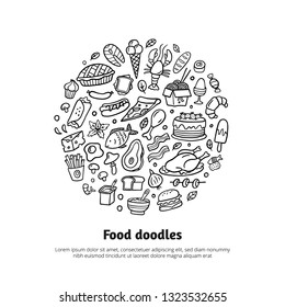 Cartoon different kinds of fresh food with text. Hand-drawn Vector illustration. Doodle set for menu design