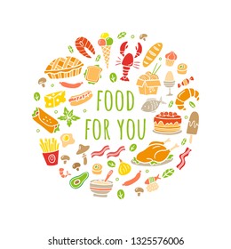 Cartoon different kinds of fresh food with text. Hand-drawn set for menu, site or flaer design. Vector illustration