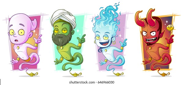 Cartoon different magic jinns with lamp character vector set