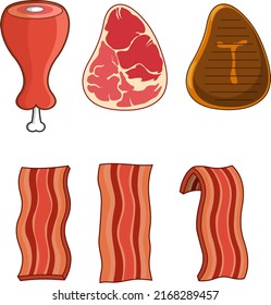 Cartoon Different Meats. Vector Hand Drawn Collection Set Isolated On White Background