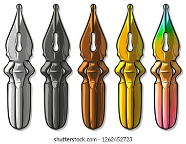 Cartoon different metal color retro antique ink pen. Isolated on white background. Vector icon set.