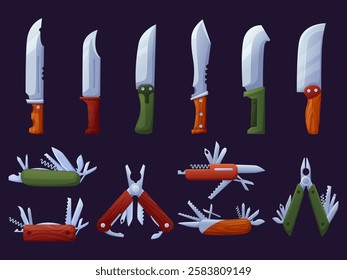 Cartoon different multi tools. Survival kif from knives and multitools. Equipment for hiking, nature tourism, camping or hunting, nowaday vector elements