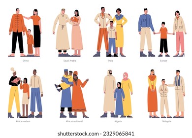 Cartoon different nationalities families. Traditional dresses and costumes. Parents with children. Ethnic clothes. Mother and father standing with kids. National clothing