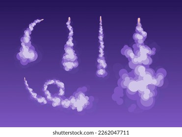 Cartoon Different Rocket or Plane Trail Set Concept Flat Design Style. Smoke or Fog Effect. Vector illustration