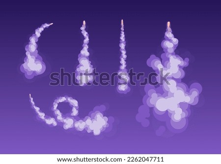 Cartoon Different Rocket or Plane Trail Set Concept Flat Design Style. Smoke or Fog Effect. Vector illustration