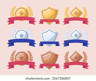 Cartoon Different Shapes Awards with Laurel Wreaths Set Symbol of Win Competition. Vector illustration of Shield, Rhomb and Star