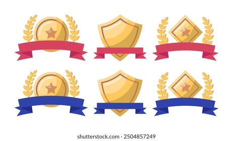 Cartoon Different Shapes Golden Awards with Laurel Wreaths Set Symbol of Win Competition. Vector illustration of Gold Shield, Rhomb and Star