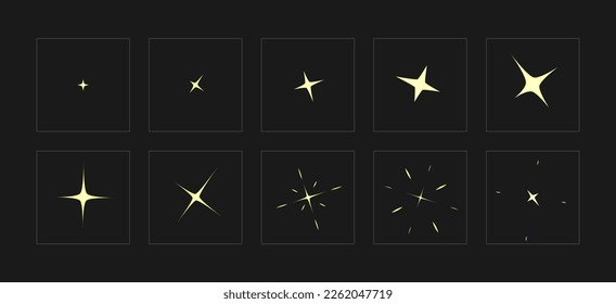 Cartoon Different Shine Sparkle Animation Effect Set on a Black Background Flat Design Style. Vector illustration