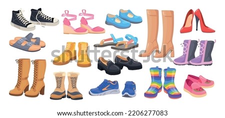 Cartoon different shoes. Casual boots fashion formal footwear for woman man foot or kids childish shoe, elegant heeled boot sneakers beach sandals, vector illustration of collection female footwear Foto stock © 