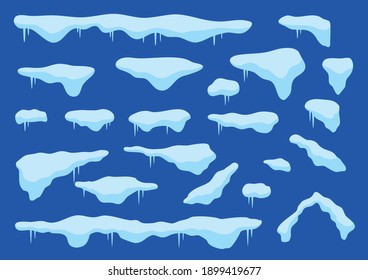 Cartoon Different Snow Caps Icons Set Flat Design Style On A Blue Background. Vector Illustration Of Frost Decoration