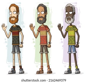 Cartoon different standing funny smiling bearded old hipster man character in shorts with hand watch. Isolated on white background. Vector set.