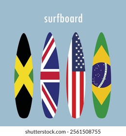 Cartoon different surfboards with flags design, Set of surf boards. flat vector illustration