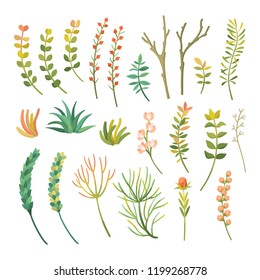 Cartoon different types of plants vector set. Decirative flowers and plants. Isolated icons illustration