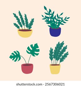 Cartoon Different Types Potted Plants Set Interior Element Concept Flat Design Style Include of Monstera. Vector illustration of Houseplants