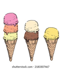 cartoon different types style ice cream sweet summer food waffle cone isolated on white background