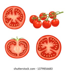 Cartoon different types tomatoes set. Red ripe vegetables isolated on white background. Slices, half tomato and cherry tomatoes on branch. Vector illustrations.