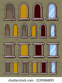 Cartoon different windows in a frame on a brick wall. Facade elements for house exterior. Vector icons set.