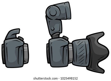 Cartoon digital photo camera with big lens and flash. Vector icon set.