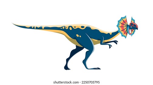 Caricatura Caricatura de dinosaurio Dilophosaurus. Reptile extinto, lagarto aislado de la era Jurásica con colorido frito de cuello. Animales de paleontología, antigua vida silvestre carnívoro dinosaurio vector personaje divertido