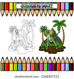 Cartoon Dilophosaurus in the jungle for coloring book