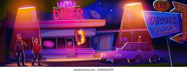 Cartoon diner cafe at night with people near closed establishment - illuminated restaurant exterior, bright neon signage, gas station lights. Parked car standing under streetlight on evening.