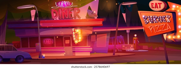 Cartoon diner panorama at sunset - neon storefront with illuminated signage, street lamps, parked vehicles on vibrant pink and purple sky. Fast food establishment near gas station exterior scene.