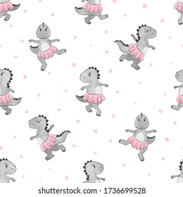 Cartoon Dino ballerina pattern for kids design. Vector dinosaur girl background.	