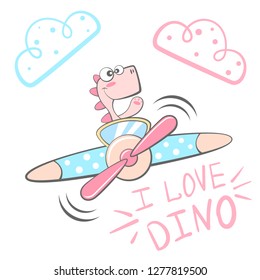 Cartoon dino characters. Airplane illustration. Hand draw
