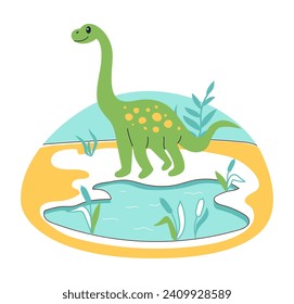 Cartoon dino. Cute dinosaur character by lake. Jurassic nature. Water pond and reeds. Extinct creature. Fantasy monster. Prehistoric reptile. Green herbivorous lizard. Vector children illustration