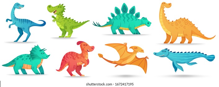 Dino de caricatura. Dinosaurio cutáneo, graciosos brontosaurios antiguos y triceratops verdes. Conjunto de ilustraciones vectoriales de dinosaurios cómicos. Dinosaurios y monstruos, cómico reptil prehistórico