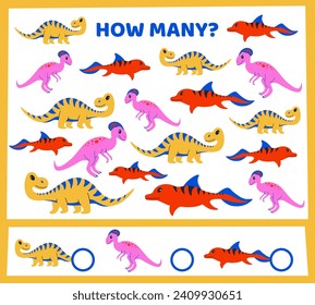 Cartoon dino. Dinosaurs counting. Preschool kids worksheet. Workbook test. Children math logic game. Prehistoric animals. Identical reptiles finding. Jurassic lizards. Vector educational puzzle design