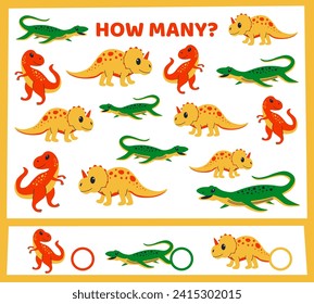 Cartoon dino. Dinosaurs counting. Preschool kids worksheet. Workbook test. Children math logic game. Prehistoric animals. Identical reptiles finding. Jurassic lizards. Vector educational puzzle design