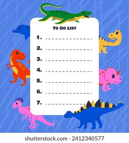 Cartoon dino. To do list. Jurassic dinosaurs. Prehistoric reptile. Boys schedule. Daily planning. Kids notepaper. Tasks and goals plan. School timetable. Agenda organizer. Childish note vector design