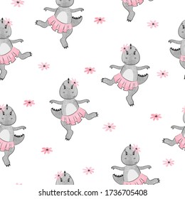 Cartoon Dino girl pattern for kids design. Vector cute dancing dinosaur background.	