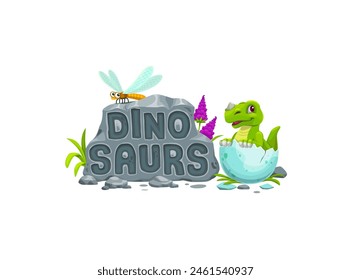 Niño de dinosaurio de dibujos animados en cáscara de huevo, divertido bebé dinosaurio eclosión de huevo, Vector reptil jurásico. Juego de juguete de dinosaurio infantil, museo de arqueología o libro de cuento de hadas lindo dino con piedra fósil de lagarto extinto