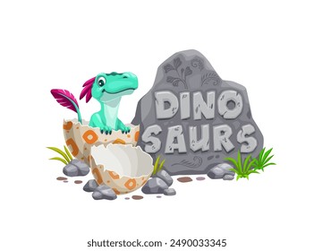 Cartoon dino kid and egg shell, vector jurassic animal character. Cute baby zephyrosaurus dinosaur hatching from egg in grass, prehistoric volcano stone with fossil flowers. Funny baby dino personage