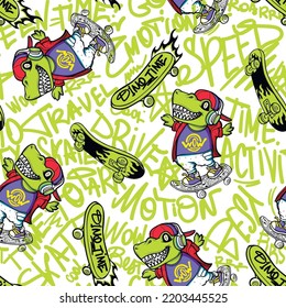 Cartoon Dino on skateboard seamless pattern with graffiti style text. Colorful teenagers dinosaur character repeat background. Dinosaurs skateboarder endless ornament. T rex repeated print