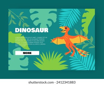 Cartoon dino. Paleontology landing page. Tropical forest. Palm leaves. Jurassic nature. Wild animal. Prehistoric pterodactyl. Extinct reptile. Children education. Website template. Vector background