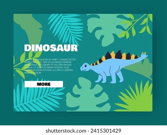 Dino de caricatura. Página de inicio de Paleontología. Bosque tropical. Hojas de palma. Naturaleza Jurásica. Animal prehistórico. Dinosaurio estegosaurio. Reptil de extinción. Educación infantil. Plantilla de sitio web. Fondo del vector