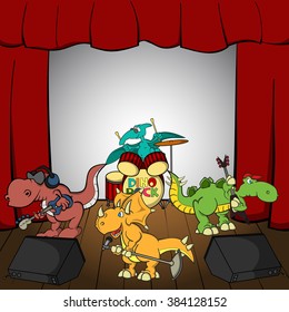 Cartoon dino rock band on a stage. Triceratops as a singer with a microphone, Stegosaurus as a guitarist, T-Rex as a bass guitarist with headphones on his head, Pterodactyl as a drummer at a drumkit.