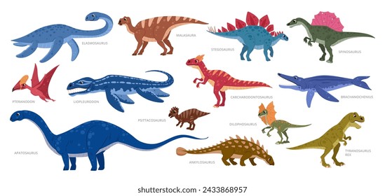 Cartoon dino set. Jurassic era reptiles, brontosaurus, triceratops and pterodactyl, prehistoric predators and herbivores flat vector illustration collection. Ancient dinosaurs