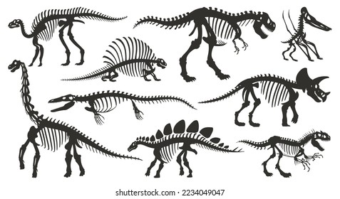 Cartoon dino skeleton silhouettes. Ancient dinosaur fossil bones, jurassic tyrannosaurus, velociraptor, spinosaurus black silhouette flat vector illustration set on white background