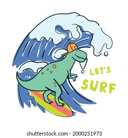 Cartoon Dino Surfing Vector Illustration