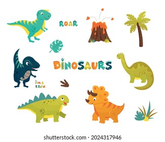 Cartoon dino vector illustration set. Cute dinosaur, funny ancient dinosaurs and monsters. Comic jurassic period animal and prehistoric reptile stegosaurus brachiosaurus, trex and pterosaurs.